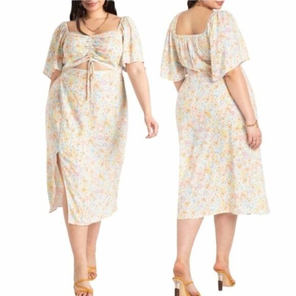 ELOQUII Cinched Front Floral Midi A-Line Dress Size 18W - Picture 1 of 12